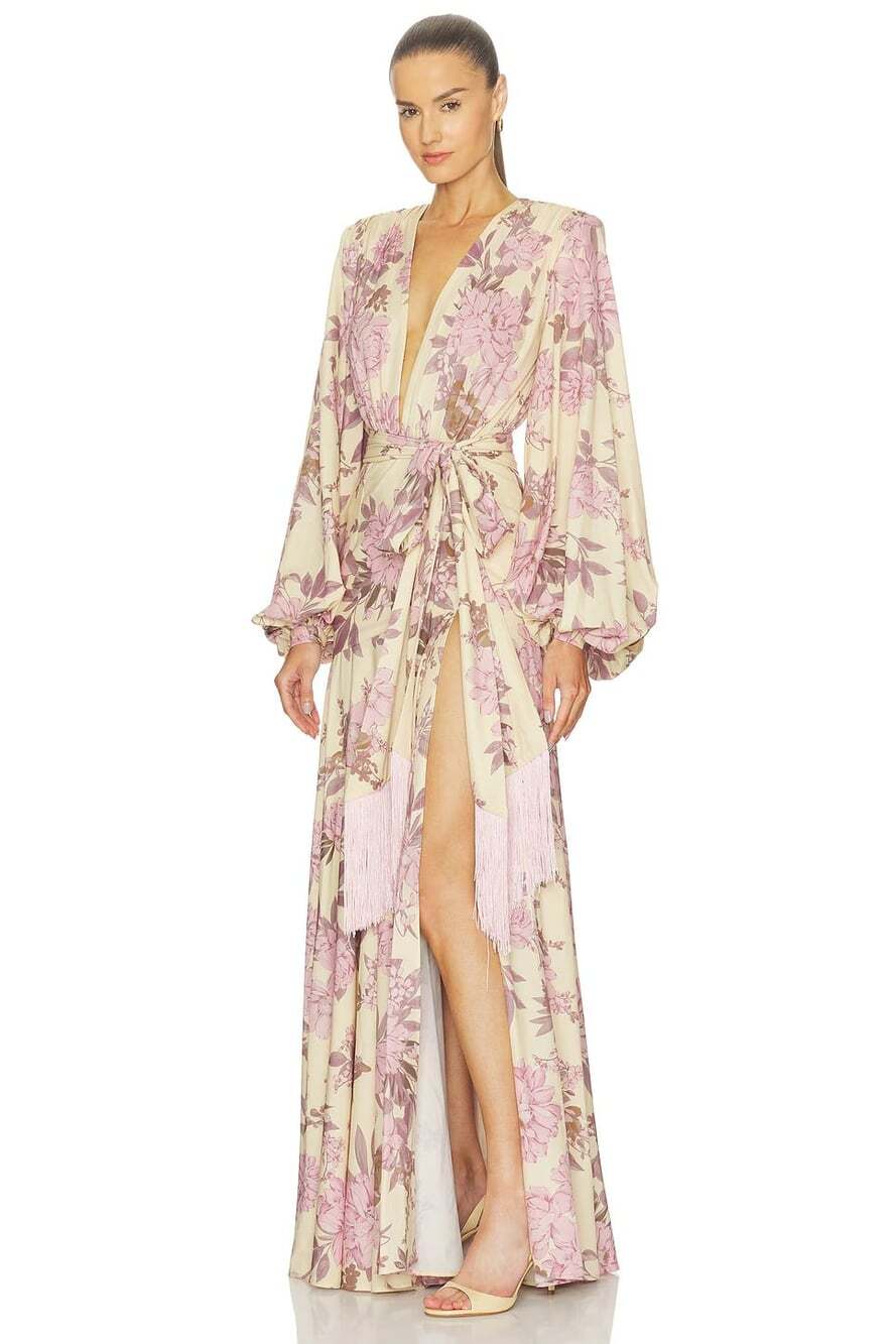 (NWOT) Bronx & Banco Magnolia Carmen Floral Print Fringe Tie Wrap Gown Size M